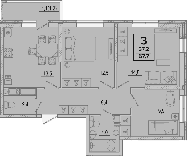 3-комн. квартира, 66.5 м² в ЖК Улыбка — фото 2