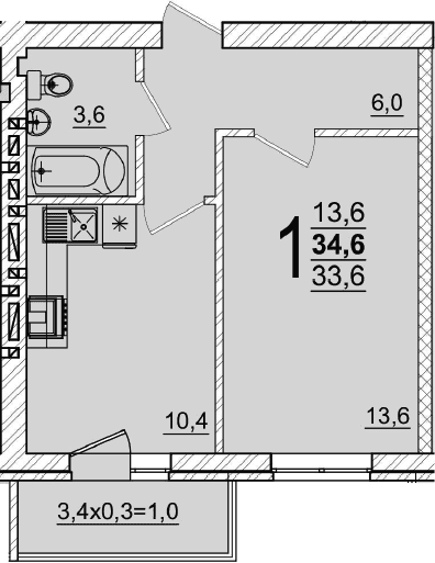 1-комн. квартира, 33.6 м² в ЖК Дарград — фото 2