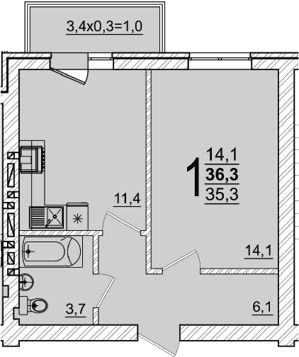 1-комн. квартира, 35.3 м² в ЖК Дарград — фото 2
