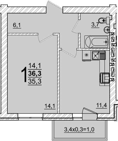 1-комн. квартира, 35.3 м² в ЖК Дарград — фото 2