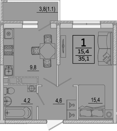 1-комн. квартира, 34 м² в ЖК Улыбка — фото 2